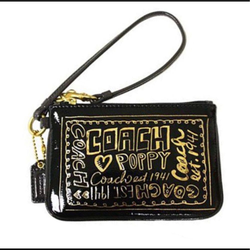 Coach Poppy Black Patent Wristlet